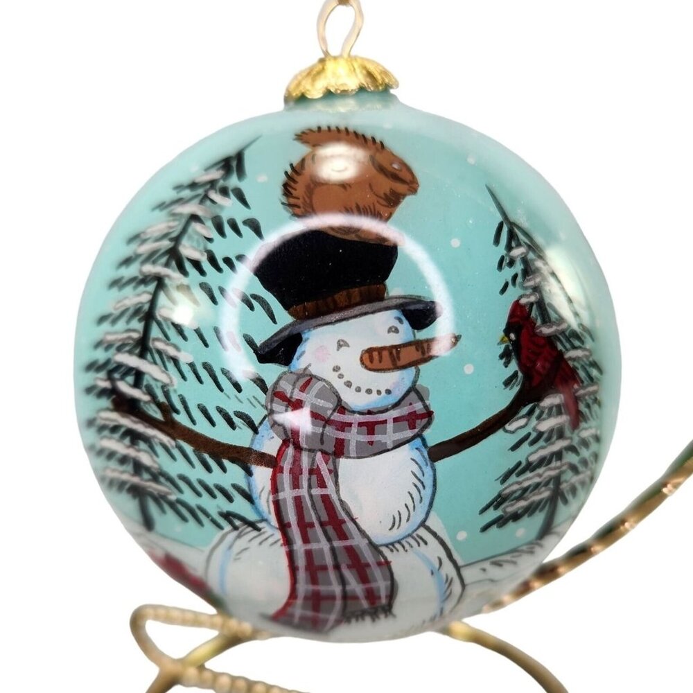 Pier 1 Li Bien Scenes‎ of a Snowman Ornament Round Handpainted Glass Xmas Box